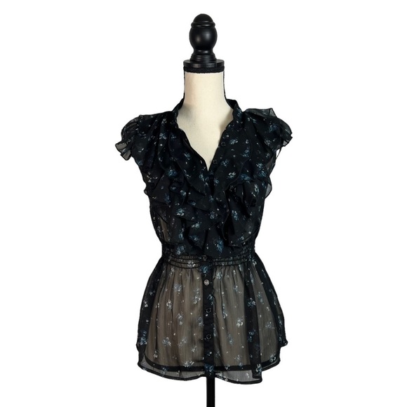 Kirra Womens Blouse Ruffle Blue Floral Button Down Sleeveless Top XS - Picture 1 of 10